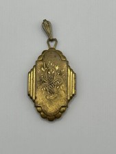 Antique Locket Art Deco Hammered Design Basket Flowers Gold Tone Large Pendant