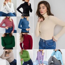 Ladies Women Casual Turtle High Polo Neck Long Sleeve Ribbed Cotton Jumper Top