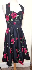 Ladies 1940/50s Style Halter Neck Dress Rockabilly Black with red roses RnR R&R