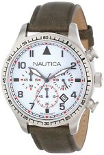 Nautica Men's White Dial Red Accents Chronograph Watch Olive Resin Leather Strap