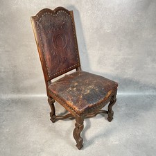 Antique Victorian Renaissance Revival Oak Hall Chair c.1880s Tooled Leather Seat