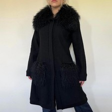 Vintage Rene Derhy pure wool longline afghan cardigan w mongolian wool collar 