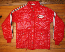 BELL Helmets Vintage 70s Racing Stripe Moto Car Red Puffer Jacket USA Medium 22”