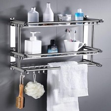 2 Tier Wall Mounted Bathroom Stainless Towel Rail Holder Storage Rack Shelf Bar