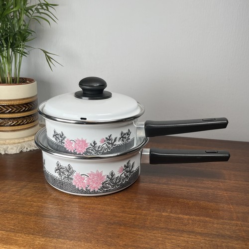 Vintage enamel pans with - with, lid