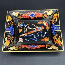 HERMES PORCELAIN CIGAR ASHTRAY CHANGE TRAY FLORAL BLACK vintage W19.5 D16 H4