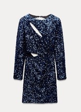 Zara Blu Sequins Long Sleeves Mini Cutout Backless Dress Size M 9814/610