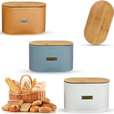 Oval Bread Bin with Bamboo Lid Kitchen Storage Loaf Container -WHITE/GREY/COPPER