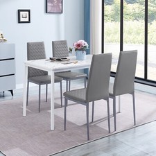 4pcs Grey Faux Leather Dining Chairs & White Marble MDF Top Dining Table Set