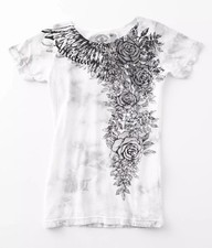 Women's Affliction Nathalia Light Grey Crystal Graphic Stones T-Shirt Top S-XXL