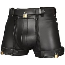 MEN'S LEATHER CHASTITY SHORTS Bondage Adult Fetish Clubwear Dual Zipper Shorts