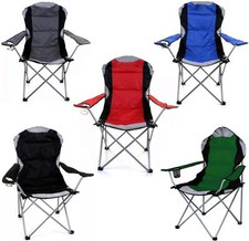 Padded Folding Camping Deluxe Fold Chairs High Back With Cup Holder & Carry Bag
