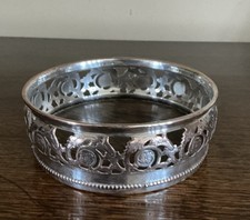 Antique Silver Plated on Copper Wine / Champagne Bottle Coaster 12cm Oak Base