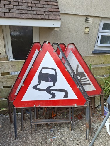 Road works old metal signs - old,