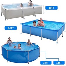 8/10/12 Feet Rectangular Large Round Frame Above Ground Swimming Pool -Grey/Blue