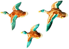 Ceramic Wall Ducks Trio Mid Century Country Hanging Hand Painted Flying Decor