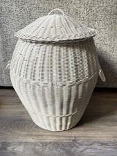 White Vintage Wicker Laundry Basket with Dome Top Rattan Linen Bin