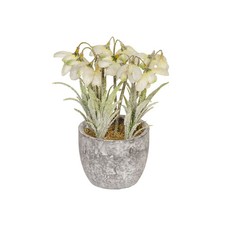 Faux Silk Snowdrop Flowers and Leaves in Pot with Snow 18cm/7 Inches