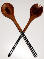 Silver Tone Bamboo Handle & Wood Salad Serving Hors D' Ouver Fork & Spoon Vtg