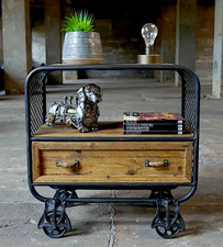 Industrial Side Cabinet Rustic Wood Chest Drawer Vintage Wheel Display Room Unit