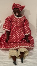 Vintage Antique Black Americana Folk Art Glazed Porcelain Rag Sawdust Doll 18”