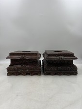 Vintage Pair Hand Carved Wood Candle Holders Pedestal Stands Primitive Set 2