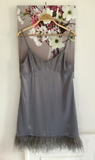 Zara Grey Real Feather Trim Mini Slip Dress, UK M Size 10 New Satin RRP £99