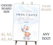 Personalised BEAR THEME Printed Foam Board BLUE Event Sign BABY SHOWER A1 A2 A3
