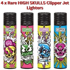 4 x Clipper Jet Lighter Set HIGH SKULLS Rare Black Top Windproof Gas Refillable