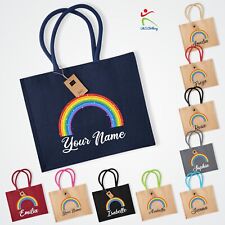 Personalised Name Rainbow Jute  Handbag Grocery Carrier Gift Ladies Shopping Bag
