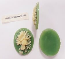 3 Vintage Hong Kong Wedgwood Green Flower Bouquet 40x30mm. Oval Resin Cameos 170
