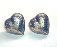 Vintage Sterling Silver 925 Etched Design Heart Shaped Earrings Marked “TAHI”