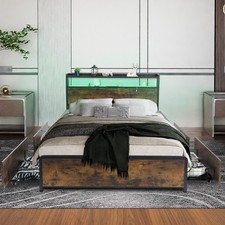 4TF6 Double Size Bed Frame Bed Platform LED Lights Retro Headboard & 4 Fmftrufht