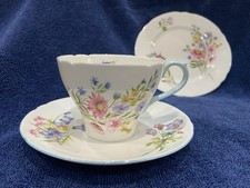 Shelley Wild Flowers Cup Saucer Trio  Blue Edge Pat. 13668 Fine Bone China VGC
