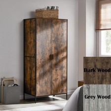 Industrial Wooden Wardrobe With Hanging Rail Shelf Clothes Storage Organiser