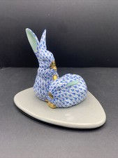 Herend, Vtg. Collectible Blue Fishnet Twin Rabbits Rare Find, Mint Condition.