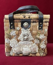 Vintage Woven Wicker Rattan Straw Handbag Basket Purse Feat. Dog with a lease