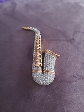 Vintage Swarovski Crystal Musical Saxophone Goldtone Brooch