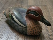Wooden Carved Hand Painted Green Winged Duck Decoy Figurine Solid Wood