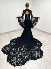 Black Gothic Lace Wedding Dresses Tulle Sweep Train Mermaid Applique Bridal Gown