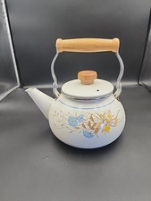 Enamel On Metal Floral Flower Design Tea Pot Teapot Kettle Wood Wooden Handle