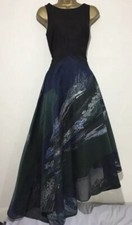 GORGEOUS COAST BLACKNAVY GREEN-SILVER JACQUARD OCCASION MIDI HILOW DRESS SIZE 12