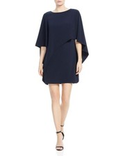 Halston Heritage Asymmetric Drape Cape Dress Size 14 Navy Crepe Capelet Sleeve