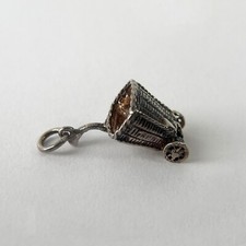 Vintage Bracelet Sterling 925 Silver Charm, Wicker Shopping Trolley Basket