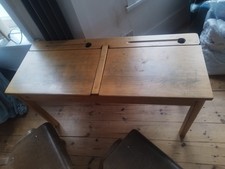 Vintage Wooden School Desk-Lift-Up Lids, Ink Well, Storage Space, 2 chairs
