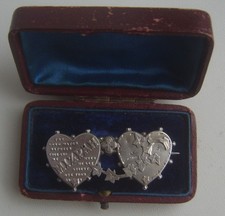 Antique Edwardian Sterling Silver Double Heart MIZPAH Brooch Chester 1907 W.Bs