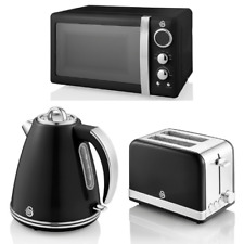 Swan Retro Jug Kettle, 2 Slice Toaster & Digital Microwave Vintage Set Black