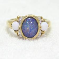 Black Opal Triplet & Diamond Cluster 9ct Yellow Gold Ring size L ~ 5 3/4