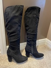 Over- The- Knee Faux Suede Heeled Boots With Zips. Size 5