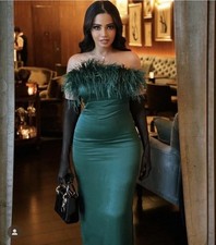 ZARA NEW WOMAN OFF SHOULDER MIDI SATIN DRESS FEATHERS BOTTLE GREEN S 7844/934